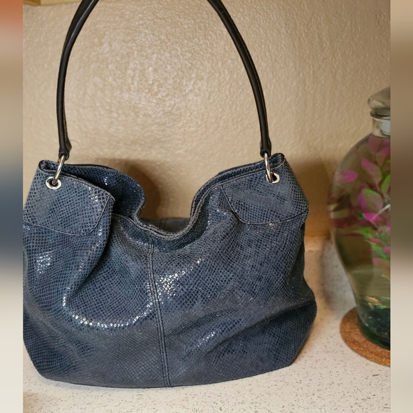 Bannana Republic Suede Leather Shoulder Bag  Blue Snakeskin Embossed Large Hobo - Picture 1 of 8